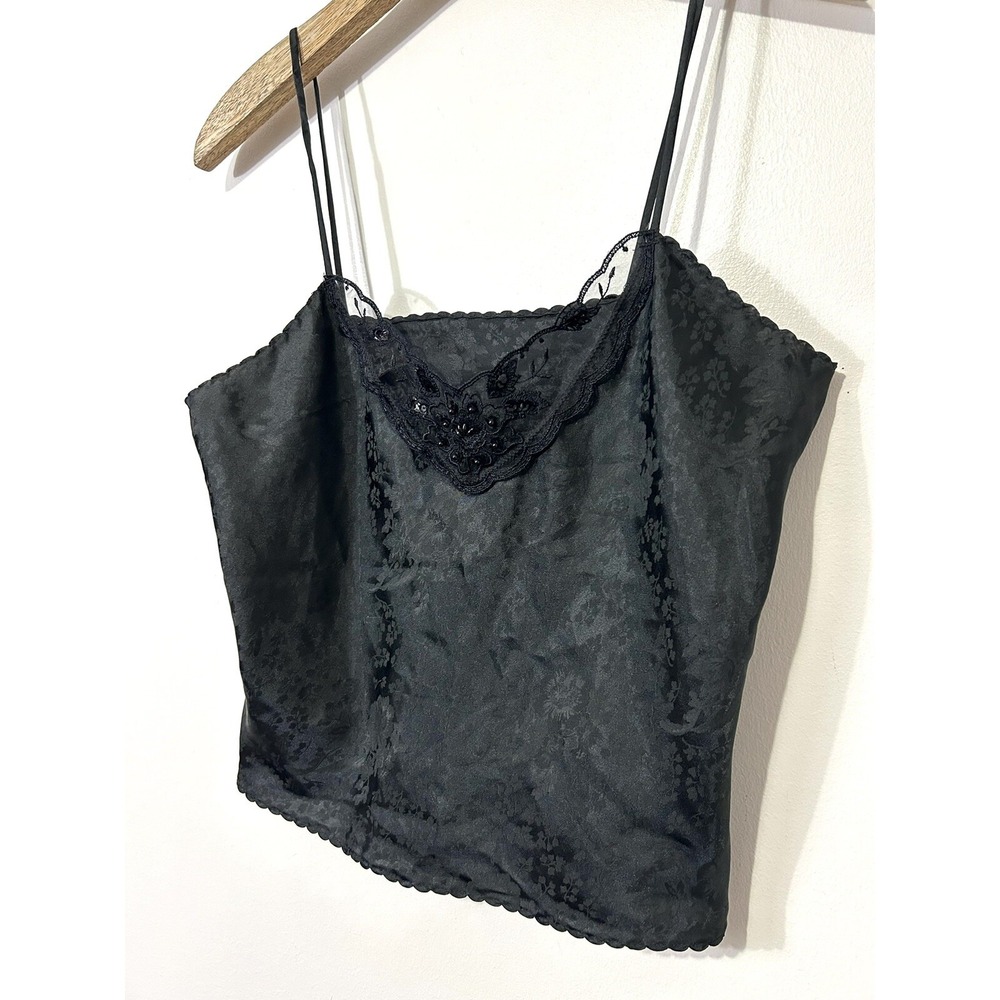 Vintage Body Chic Camisole Medium Black Floral‎ Satin Beaded Lace Whimsigoth Y2K